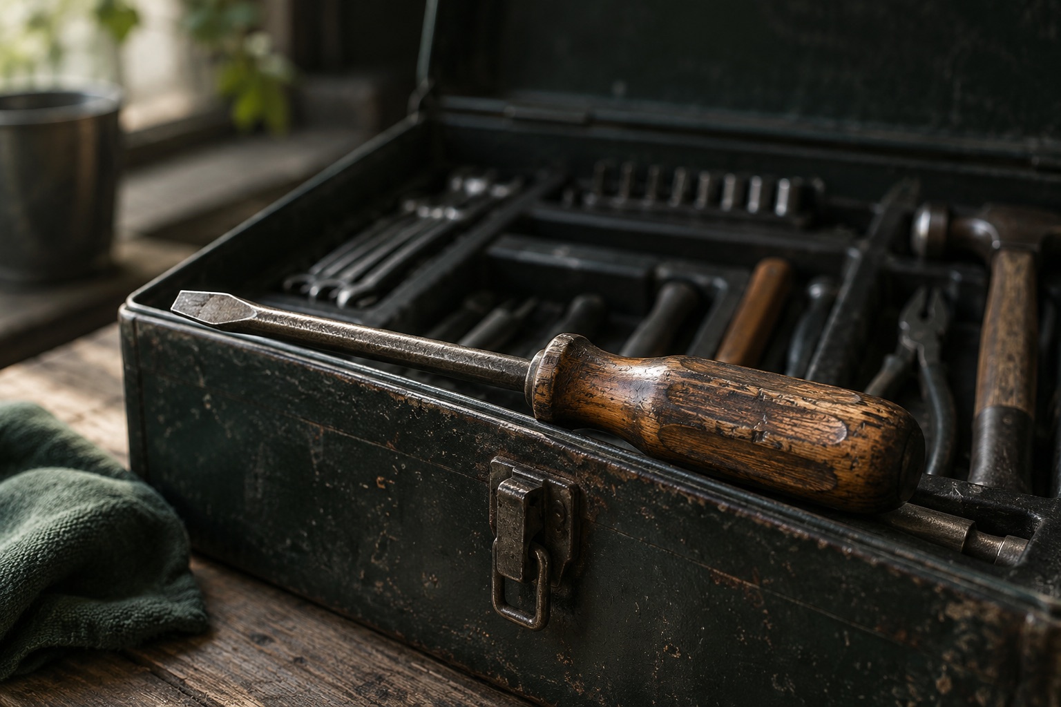 A worn wooden-handled screwdriver rests on the edge of an open dark metal toolbox full of old tools.