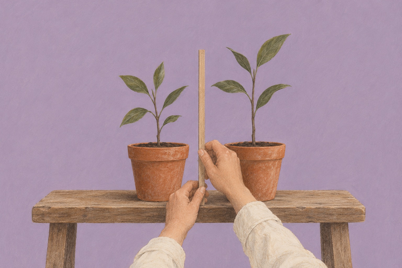Two hands hold a wooden ruler between two potted seedlings of different heights on a wooden bench.
