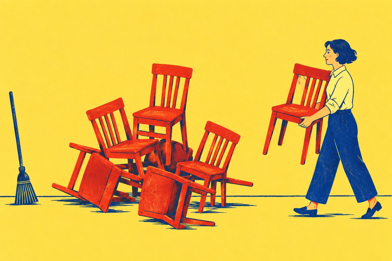 A woman carries a red wooden chair toward a jumbled pile of red chairs, with a broom at left.