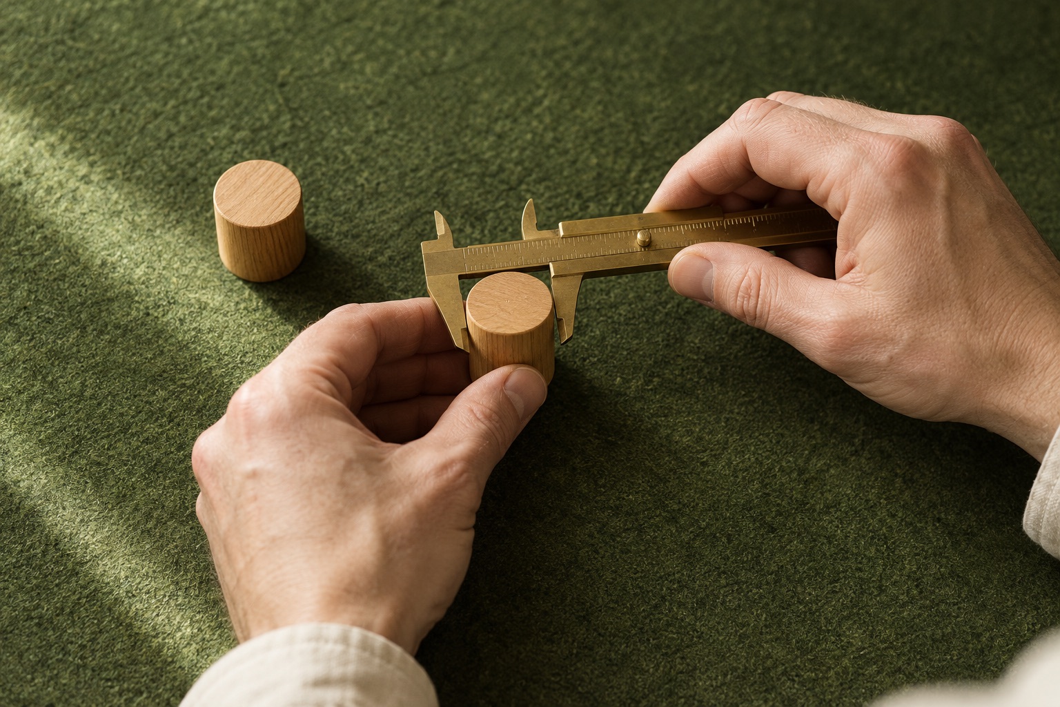 Two hands measure a small wooden cylinder with a brass caliper on a green felt surface beside another cylinder.