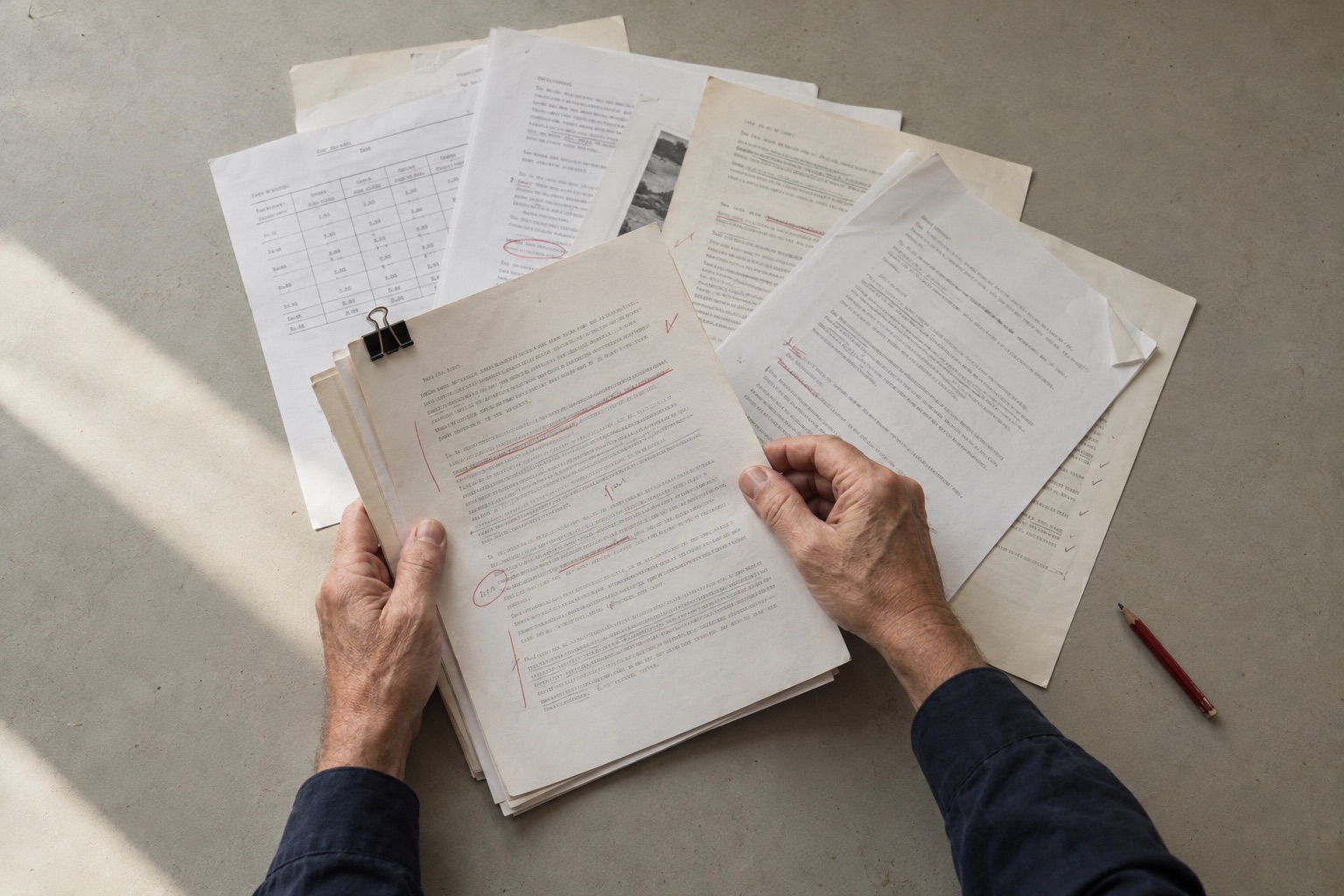 Hands hold a clipped stack of typed pages marked in red pencil above scattered documents on a gray surface.