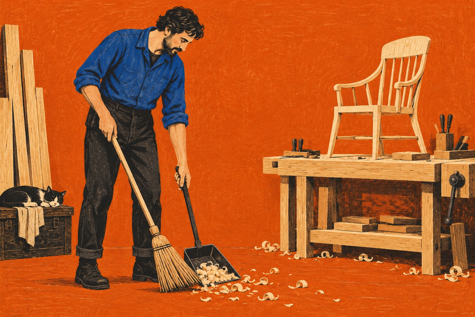 A man sweeps wood shavings into a dustpan near a workbench holding a wooden chair while a cat sleeps.