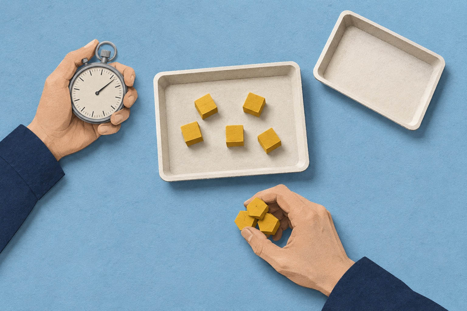 One hand holds a stopwatch while another moves yellow blocks between two trays on a blue surface.