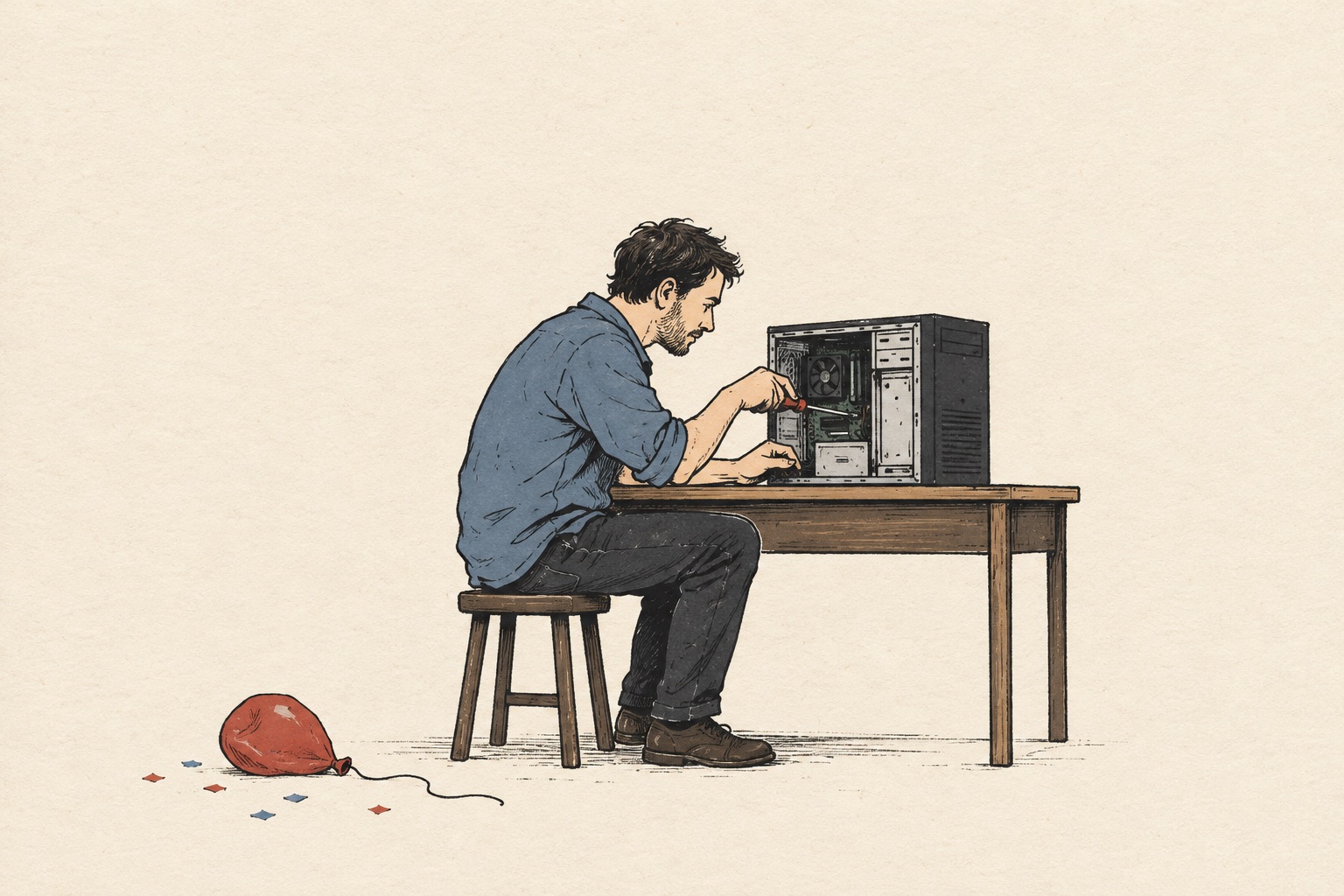A man on a stool works inside an open computer tower, with a deflated red balloon and confetti nearby.