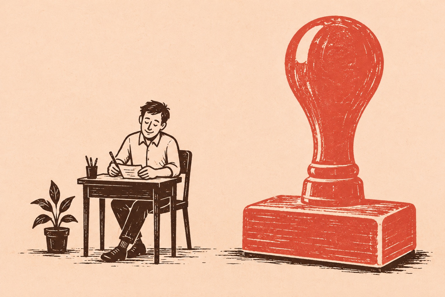 A man writes at a small desk beside a potted plant, next to a giant red rubber stamp.