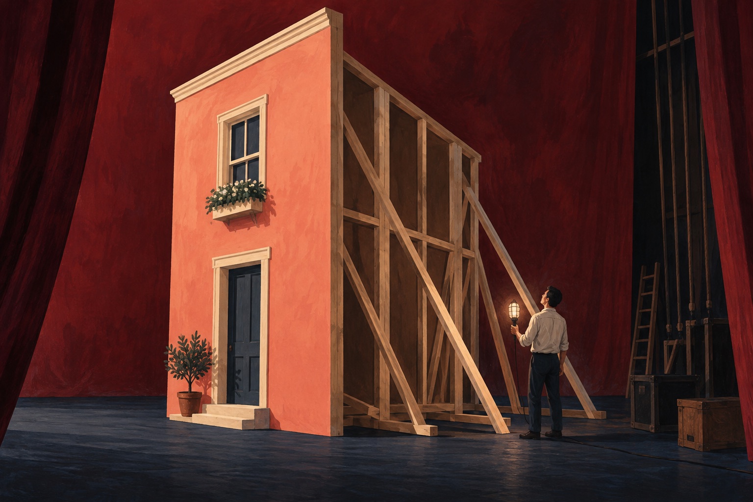 A man holding a lamp looks up at a stage set house with a pink facade propped by wooden bracing.