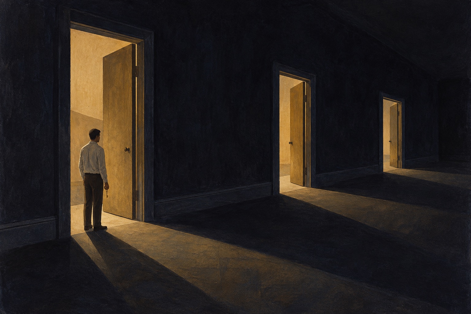 A man holding a key stands in a lit doorway along a dark hallway with two more open doors.