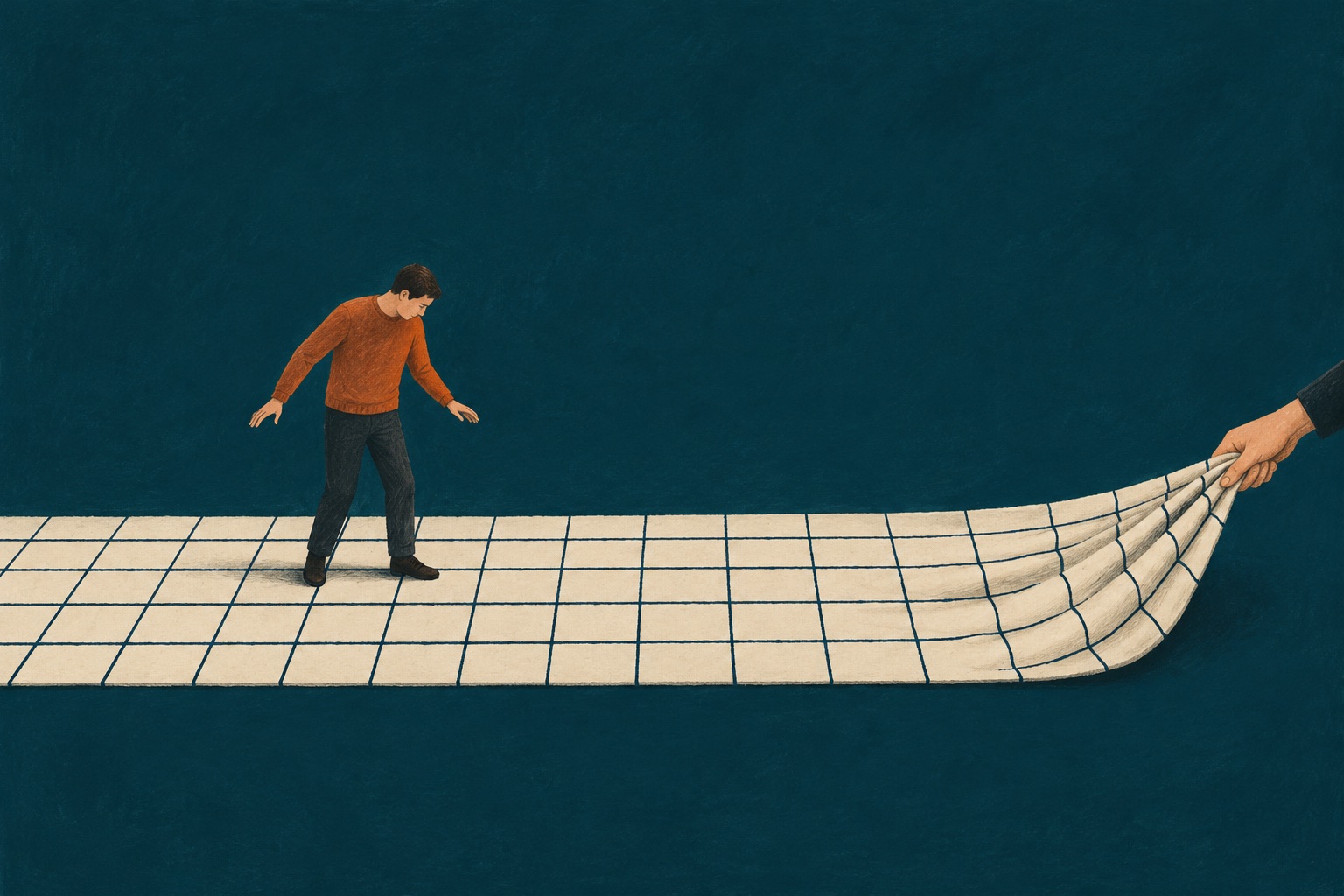 A man in an orange sweater stands on a long grid-patterned rug while a hand lifts its far end.