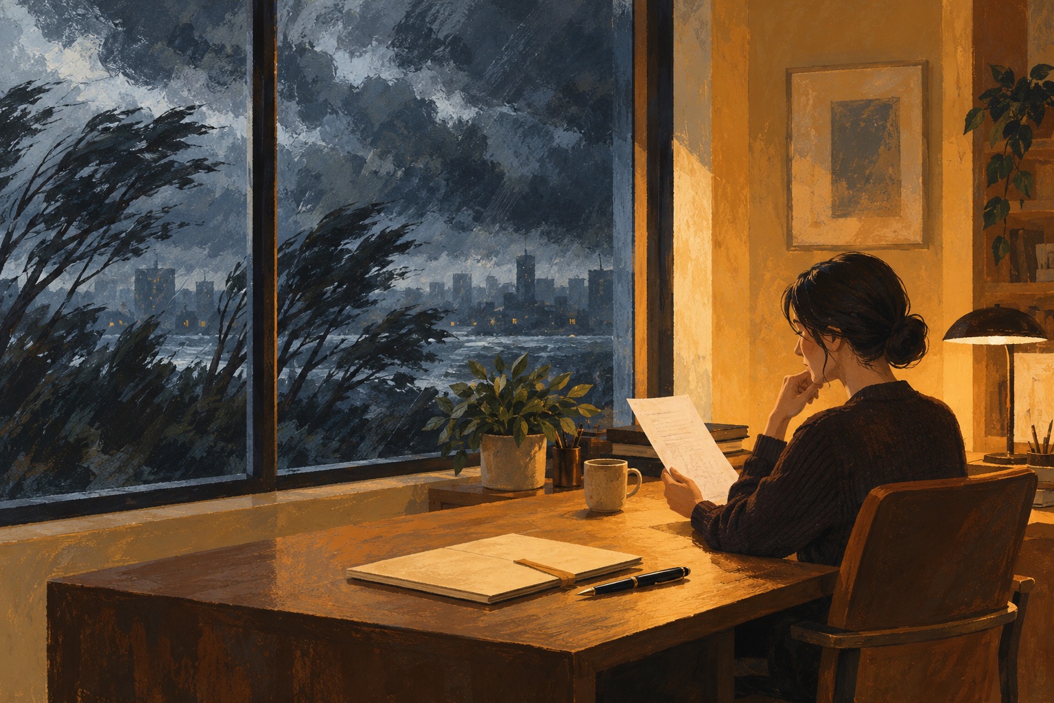 A woman reads a document at a warmly lit desk while a storm bends trees outside the window.