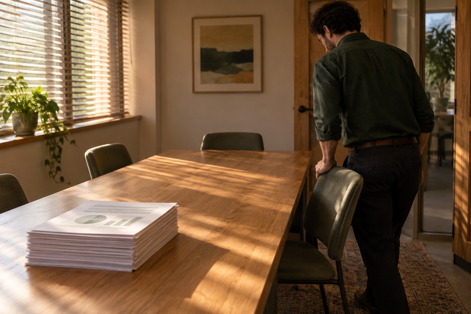 A man pulls out a chair at a sunlit wooden conference table with a stack of printed chart reports.