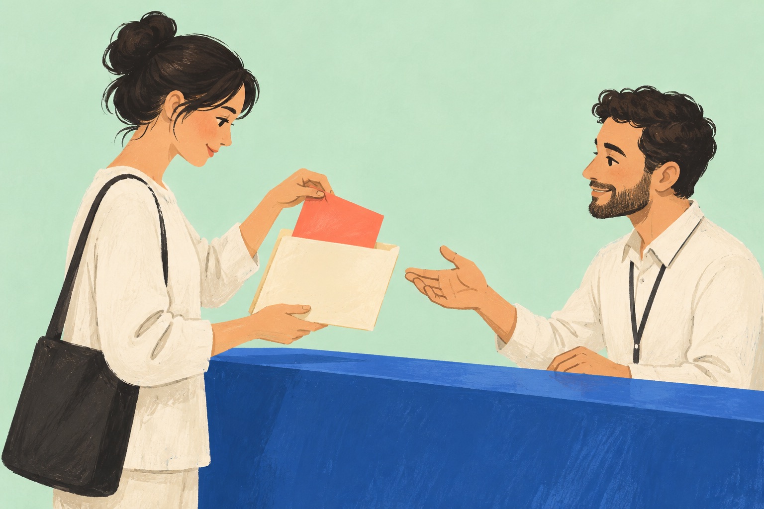 A woman pulls a red sheet from a folder at a blue counter as a smiling man reaches out.