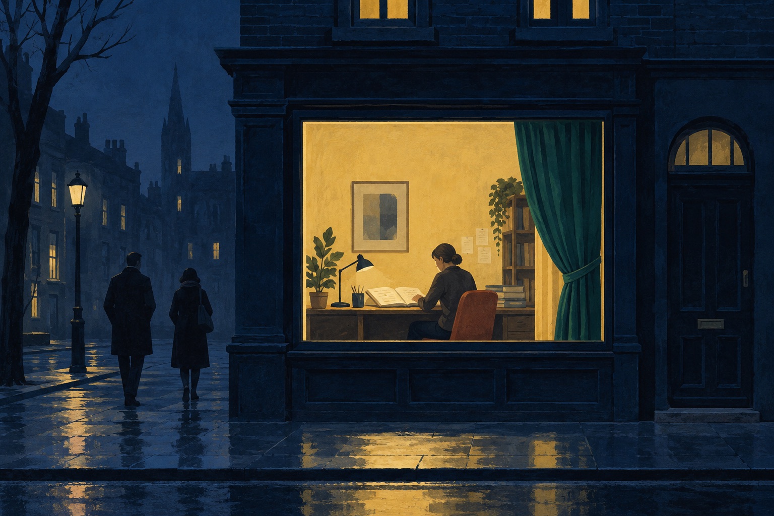 On a rainy night street, two people walk past a lit window where a woman reads at a desk.