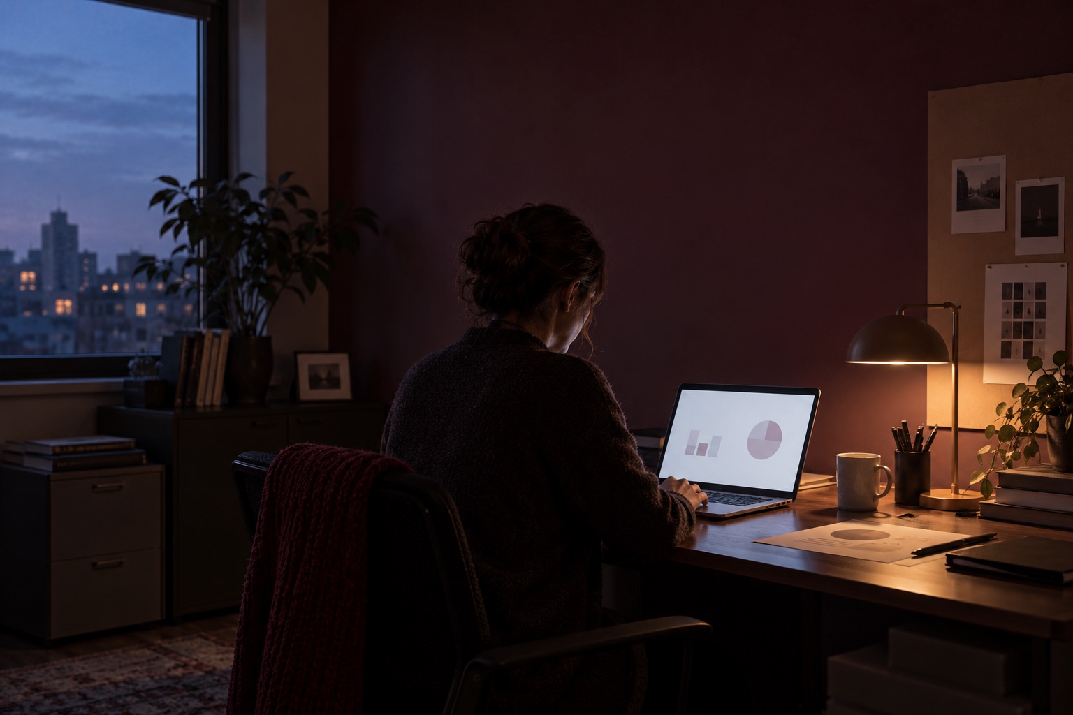 A woman works on a laptop showing charts at a lamp-lit desk in a dark office at dusk.