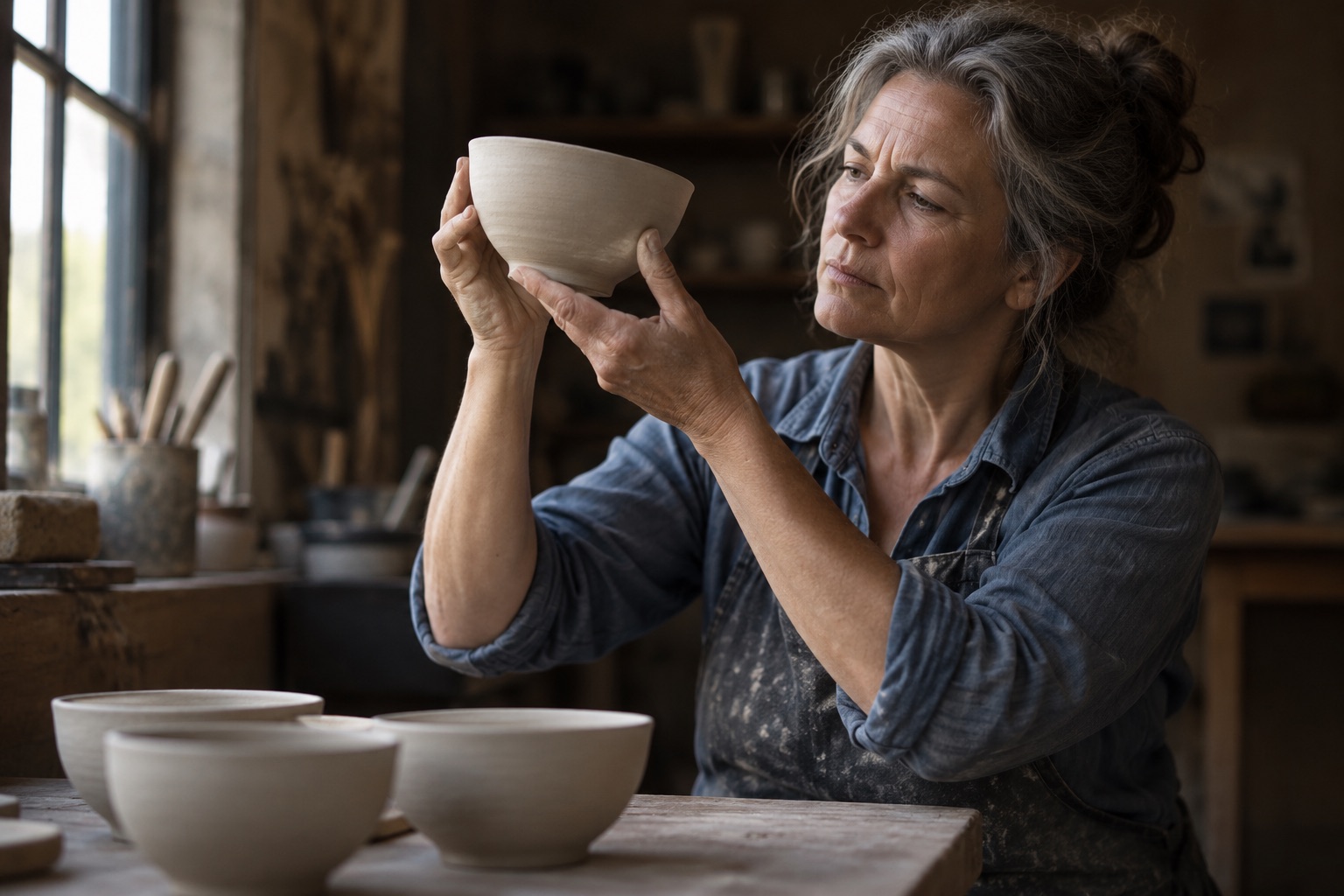 A gray-haired woman in a denim shirt and apron inspects a clay bowl in a pottery studio.