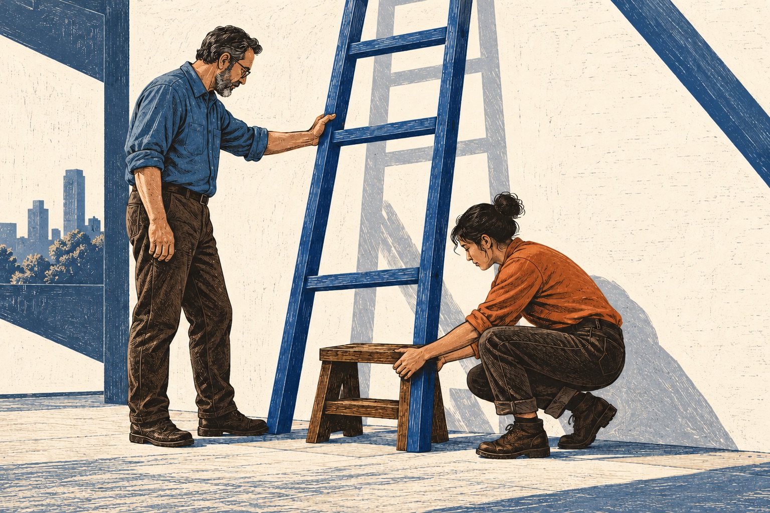 An older man steadies a tall blue ladder while a young woman crouches to set a wooden stool beside it.